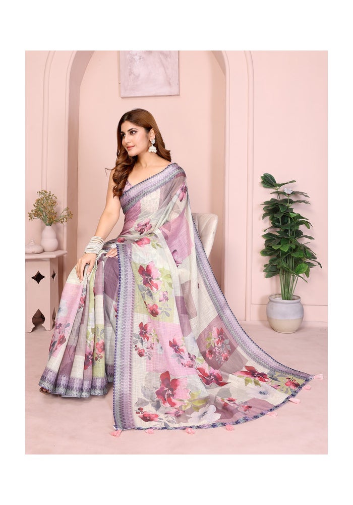 Malishka Export Linen Cotton Digital Print Saree in Lavender - Image 4